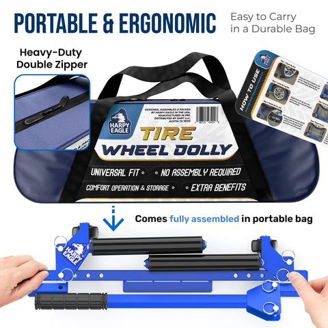Foldable Adjustable Tire Dolly Ready To Roll Straight From The Box With Two Forty Pound Load Capacity includes durable carry bag.