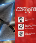 Close-up of industrial grade diamond core drill bits with grit #80, highlighting speed, performance, and hardness features.