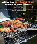 Grill with food using 32 Piece Heavy Duty Stainless Steel BBQ Grill Tool Set With Case Including Spatula, Tongs, Fork.