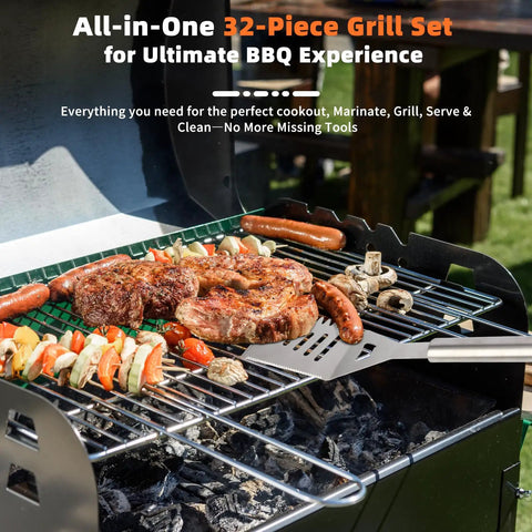Grill with food using 32 Piece Heavy Duty Stainless Steel BBQ Grill Tool Set With Case Including Spatula, Tongs, Fork.