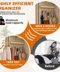 Knockout Twelve Inch Retractable Closet Pull Out Rod Featuring Five Heavy Gauge Steel Rings For Zero Fuss Hangin Of Belts And Accessories with hooks for bags.
