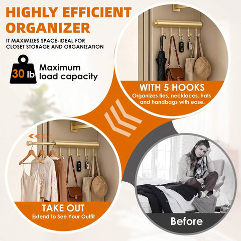 Knockout Twelve Inch Retractable Closet Pull Out Rod Featuring Five Heavy Gauge Steel Rings For Zero Fuss Hangin Of Belts And Accessories with hooks for bags.
