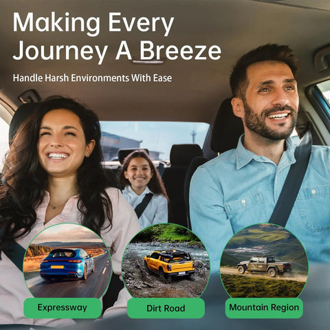 Image of happy family in a car showcasing adventure on expressway, dirt road, and mountain region for ease of travel.