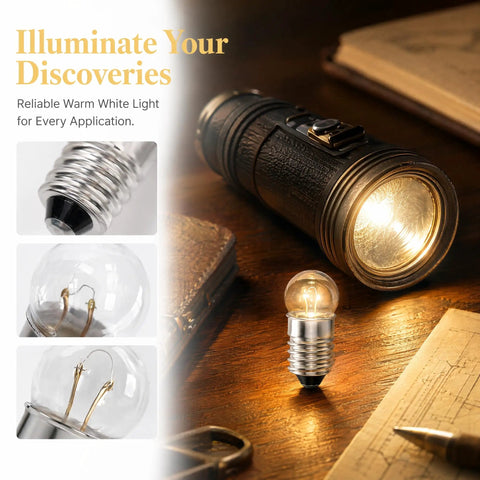 Top Shelf E10 Miniature Light Bulbs Offering Hella Reliable Warm White Glow for Your Home Lab or Flashlight Fixes. Close-up of E10 bulb with screw base.