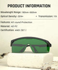 Heavy Hitter IPL Laser Safety Glasses With Anti Blue Light Filter For Hair Removal And Salon Procedures Straight Up Designed To Guard Your Peepers Everyday showing green lenses and black frame on display.