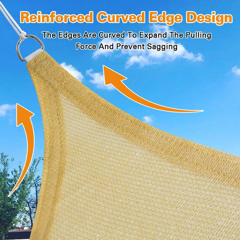 Sun Shade Sail Triangle 16x16x22.6 Ft Sand Color With Curved Edges 185GSM HDPE Shade Cloth Built For Outdoor Use Provides Up To 95 Percent UV Block Breathable Wind Resistant Backyard Deck Patio Shade Commercial Grade Custom Sizes Available with reinforced curved edge design shown.