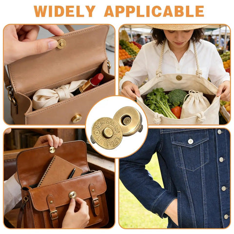 Hella Secure 50 Pack Silver Tone Magnet Closures Replace Velcro On Handbags Jackets Totes Craft Projects No Sweat Prong Install Delivers A Smart Snap Fit That Keeps Your Gear Tight Without Any Messy Threading Required - Showcasing various uses in bags and clothing.