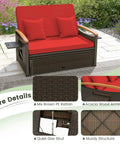 Patio Rattan Daybed With Four Level Adjustable Backrest And Handy Storage Ottoman Outdoor Wicker Loveseat With Acacia Wood Armrests Folding Tray Double Sunbed For Balcony Backyard Or Poolside Red
