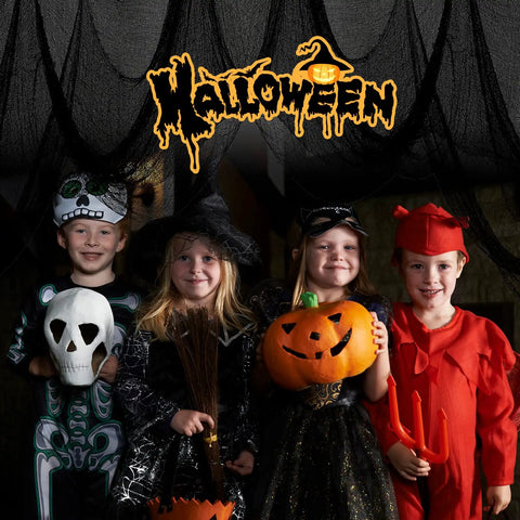Four children in Halloween costumes holding props, featuring a spooky theme with a black backdrop.