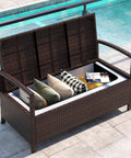 Outdoor Storage Bench With Cushioned Seat And Backrest 42 Gallon Rattan Deck Box With Acacia Wood Armrests And Sturdy Metal Frame