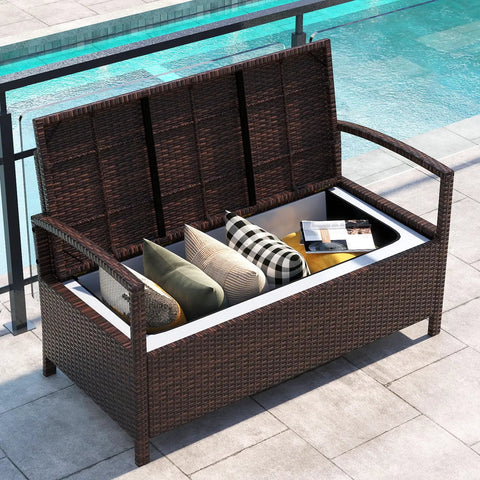 Outdoor Storage Bench With Cushioned Seat And Backrest 42 Gallon Rattan Deck Box With Acacia Wood Armrests And Sturdy Metal Frame