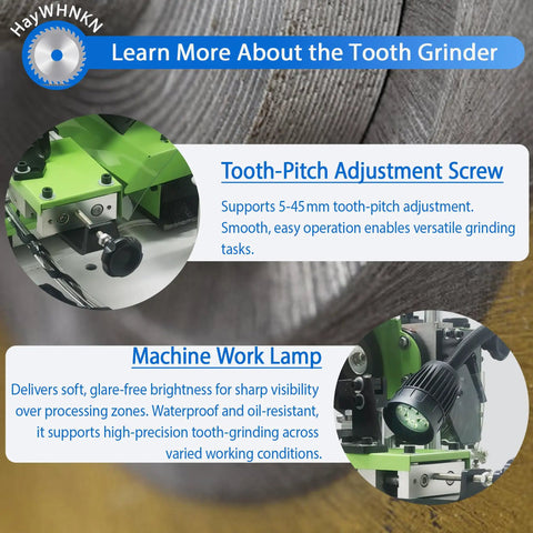 Close-up of Heavy Duty Fully Automatic Circular Saw Blade Grinder controls and lamp for precise tooth sharpening.
