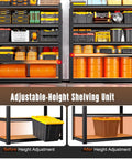 Heavy Duty Garage Shelving Rack Built Like A Tank With Thick Steel Uprights And Durable Boards Adjustable Storage Organizer For Basement Warehouse Kitchen Pantry Black 4600 Lbs Total Capacity showing adjustable-height feature with bins.