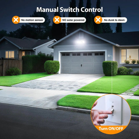Rock Solid 150W Led Outdoor Security Flood Light 15000 Lumens IP65 Waterproof mounted on a garage wall, manually activated.