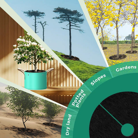 Illustration of 8 Pack 20.47 Inch Nonwoven Mulch Mats For Landscaping installed in various settings like potted plants and gardens.