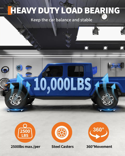 Set Of 4 Badass Car Dollies With 10000 Pounds Capacity And 3.5 Inch Solid Steel Wheels For No Sweat Hauling Cars Trucks And Boats In Rugged Black Finish under blue truck showing heavy load capacity of 10000lbs.