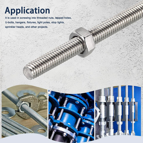 HiPicco 3/8-24 right-hand stainless steel fully threaded rod with hex nut, 12 in length (close-up)