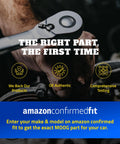 Mechanic using tool with overlay text, promoting Amazon confirmed fit for car parts, focused on accuracy and authenticity.