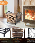 Compact 17 Inch Firewood Rack For Indoor And Outdoor Use Built To Last Wrought Iron Frame next to a lit fireplace