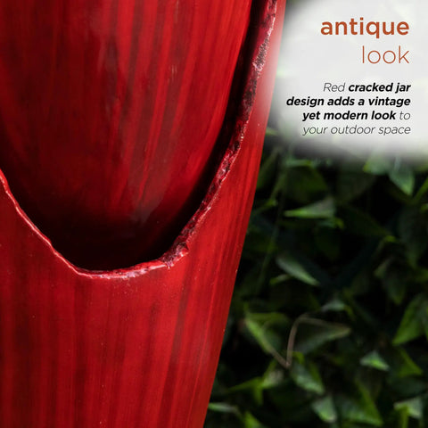 Close-up of 33 Inch Outdoor Vintage Cascading Antique Jar Water Fountain With LED Lights Red Finish For Garden, showing cracked design.
