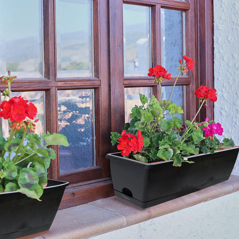 Window Box Planter Set 10 Pack 17 Inch Rectangular Plastic Flower Boxes With Trays For Outdoor And Indoor Plants Durable