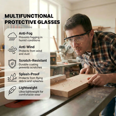 Man wearing Badass Dual Pack Safety Glasses with Slick Anti Fog and Anti Scratch Clear Wrap Around Lenses while woodworking.