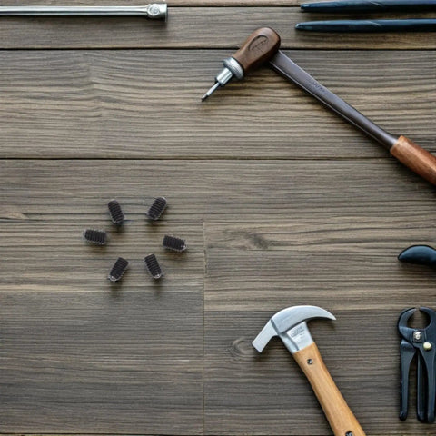 Hardcore Heavy Duty Ball Plunger Screws 50 Piece Stainless Steel M4x6 Quick Release Grub Bolts arranged on wooden surface with tools.