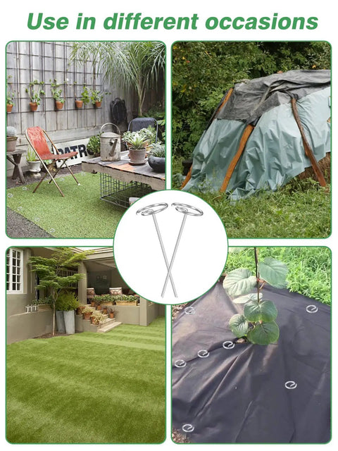 Heavy Duty 7 Gauge Thickened Garden Fabric Stakes 6 Inch Galvanized Landscape Staples With Circle Top Ground Pins in use