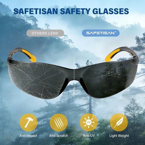 Top Shelf Tinted Safety Glasses 24 Bulk Pack With Ansi Z87.1 Rating And Kickass Uv Protection For Hard Shift Construction Crews Smoke Grey Impact with dark lenses and orange tips.