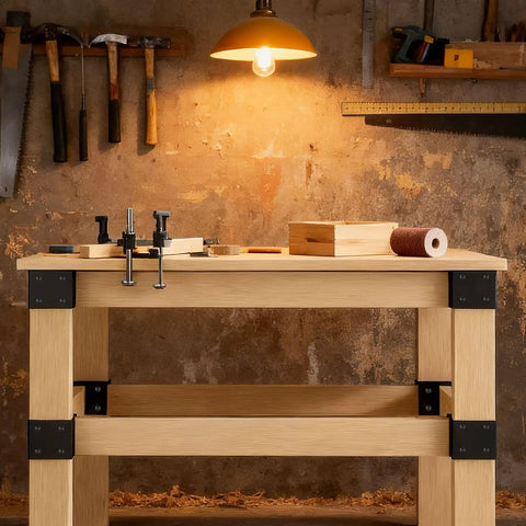 Workbench with Heavy Duty Workbench Bracket Kit 12 Pc Three Way Right Angle Corner Braces For DIY, supporting 2x4 lumber.