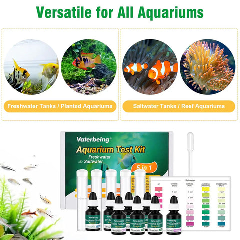 5 In 1 Aquarium Water Test Kit Keeps Your Fish Tank Hella Clean By Checking Ph Ammonia Nitrite Nitrate And Phosphate with vials and indicator chart.