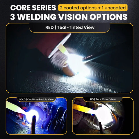 Flex Series Red Shade 5-13 Auto Darkening Welding Lens 2x4-1/4 demonstrating teal clarity view in welding hoods