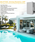 Heavy Duty Digital Pool Timer Switch 40Amp 2Hp Controller 120V 240V 277V AC in poolside outdoor setting with house and plants.