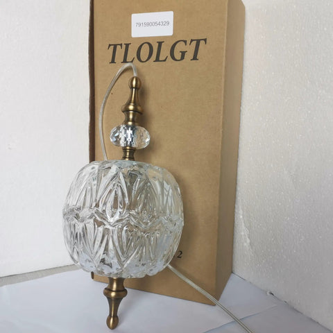 Antique Delicate Glass Pendant Light With Decorative Pattern, Brass Hardwired Design, 4.9 Inch, against packaging