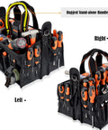 Heavy Duty 19 Pocket Tool Tote For HVAC Technicians And Electricians with tools, MOLLE loops, tape clip, and rugged handle
