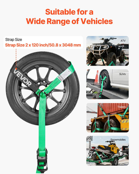 Heavy Duty Tire Safe Ratchet Strap Kit With Thick Rubber Blocks And Beefy Steel Hooks for securing vehicles like ATVs and SUVs.