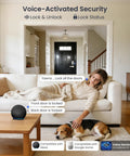Smart Home Keyless Entry Digital Door Lock With Fingerprint Deadbolt And Handle Set App Remote Hub Free Wifi Security, woman relaxing at home.