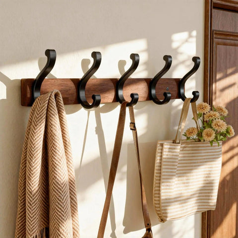 Solid Wood Wall Mounted Coat Rack With Five Heavy Duty Metal Hooks Holds Up To 25 Lbs Each displaying coats and bags in entryway