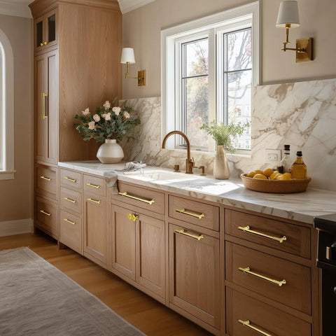 Modern kitchen with 20 Pack Built Tough Brushed Brass Gold Kitchen Cabinet Pulls on wooden cabinets next to marble countertop.