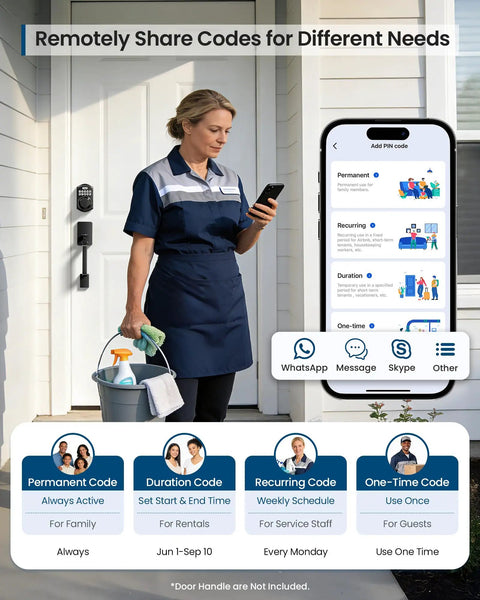 Built Tough WiFi Keypad Deadbolt For Your Front Door Zero Hassle Smart Lock With Matte Black Finish App interface showing remote code sharing.