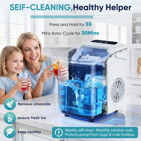 Quick Freeze Countertop Ice Maker With Heavy Duty Carry Handle Portable Compact Auto Rinse Choice, family using ice maker in kitchen.