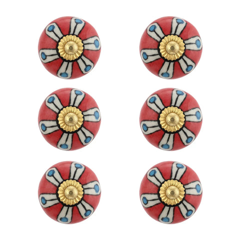 Top Shelf Handmade Ceramic Cabinet Knobs For Dresser Drawers Delivering Red Floral Boho Vibes, round design with gold accents.