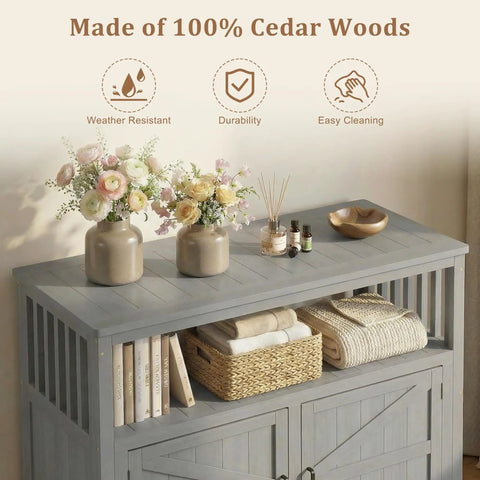 Wooden Patio Bar Table With Storage And Cedar Outdoor Buffet Cabinet Sideboard Serving Station With Double Layer Tabletop 42 Inch By 18 Inch For Patio Deck Backyard Indoor Use Durable Outdoor Bar Console For Entertaining with decorative items on top.