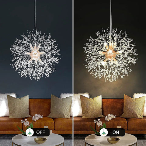 Lit Dandelion Crystal Chandelier With Firework Sparkle 9 Light Gold Pendant Light Fixture in modern living room setting