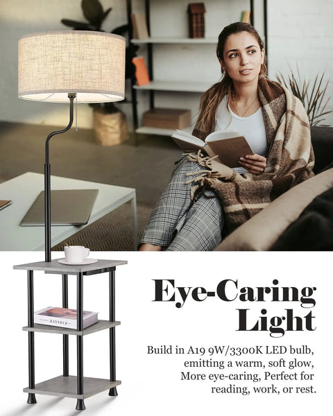 Solid Wood Floor Lamp With USB Type C Port And Outlet, End Table With Shelf, LED reading light with a grey drum shade.