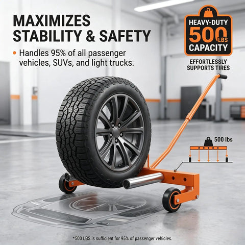 Adjustable Heavy Duty Tire Wheel Dolly Featuring A Rock Solid 500 Lb Capacity Galvanized Steel Build with tire in garage setting.