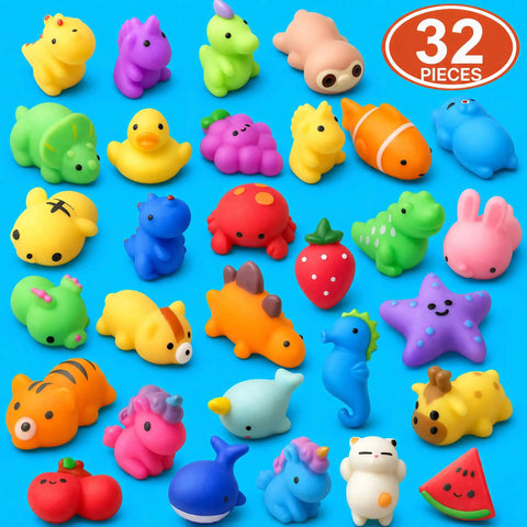 Premium Total Knockout 32 Pack Mochi Squishy Toys Kawaii Animals colorful assortment on blue background.