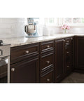 10-Pack Satin Nickel Cabinet Knobs Set One And One Eighth Inch Round With Simple Double Ring installed on dark wood kitchen cabinets