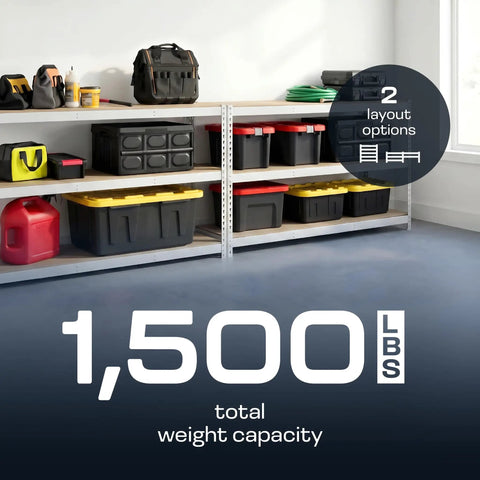 Slick Modular Garage Shelving Rack Featuring Five Heavy Duty Steel Shelves And Bright White Finish Zero Sweat Assembly Top Shelf Home Storage Organizer 18 By 60 By 72 Inches with storage bins.
