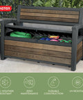 60 Gallon Storage Bench Deck Box For Patio And Outdoor Hangouts In Walnut Finish, Weatherproof Resin Chest with open lid